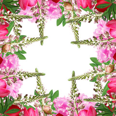 Beautiful floral background of lupine, peonies and tulips 