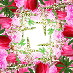 Beautiful floral background of lupine, peonies and tulips 