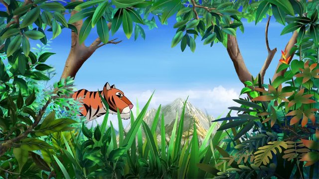 Cartoon Bengal Tiger Walks Through the Jungle in a Summer Day. Handmade animation,  motion graphic.