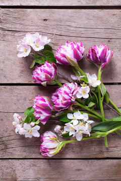 Tulips and apple tree flowers on aged wooden  background