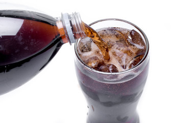 Ice cola with splashing, bubbles. Drink with ice