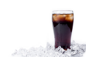 Ice cola with splashing, bubbles. Drink with ice.