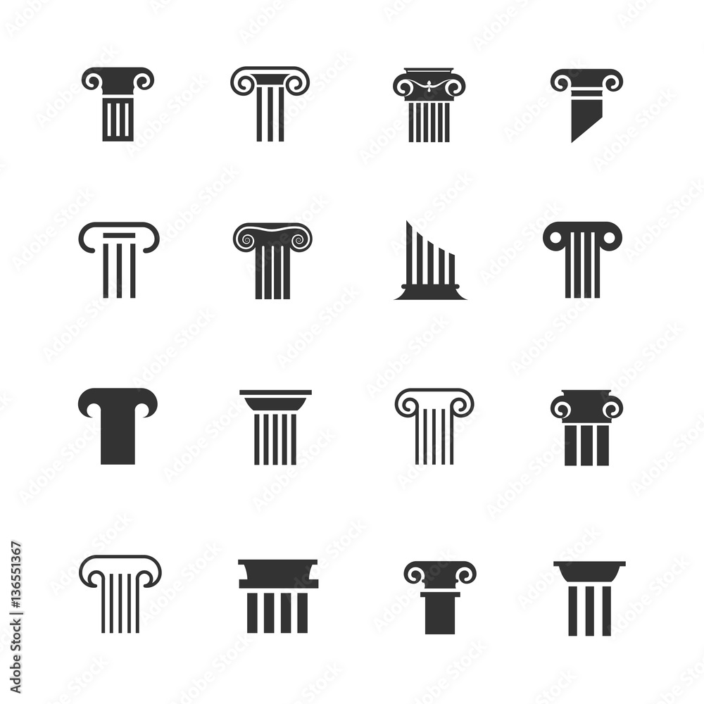 Wall mural ancient greek and roman column icons. architectural pillar vector black white signs