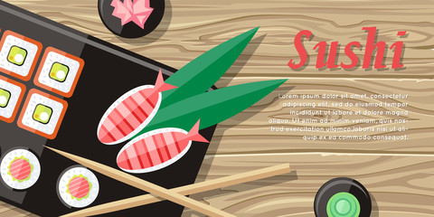 Japanese Food Illustration web Banner. Japan Sushi