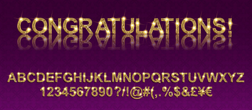Congratulations. Gold alphabetic fonts and numbers. Vector illustration