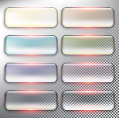 Abstract vector web buttons set of 8. Isolated with realistic, transparent glass shine and shadow on the light background. Vector illustration. Eps10.