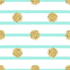 Vector seamless pattern with gold glitter circles and blue stripes.
