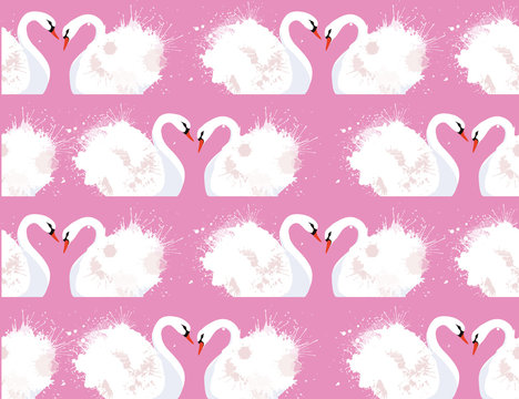 Seamless pattern with a pair of lovers swans and watercolor splashes on a pink background. Vector texture for your creativity
