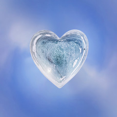 Blue Ice heart with bubbles and cracks isolate