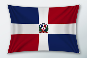 Dominican republic national flag. Symbol of the country on a stretched fabric with waves attached with pins. Realistic vector illustration.