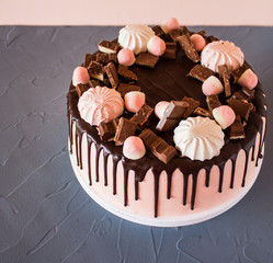 Biscuit cake with chocolate drips, marshmallows and marmalade, slice of chocolate. Sweets and food