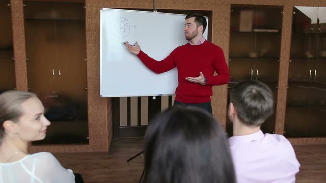 Business conference presentation with team training flipchart office.