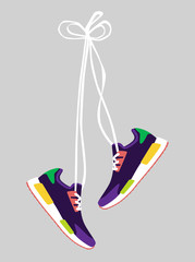 Stylish colored  sneakers for training with long laces on grey background, vector, illustration,