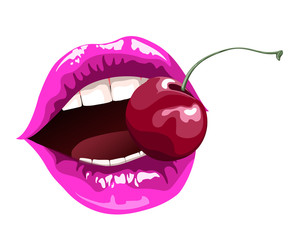 women's lips with red cherry 