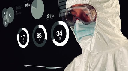 Chemical scientist with laboratory glassware analyzing scientific experiment infographics data presented on virtual screen - Powered by Adobe