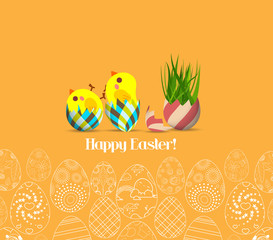 Happy Easter for design posters and flyers on the yellow background pattern of ornamental eggs
