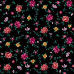 Fototapeta na wymiar Embroidery colorful vintage simplified ethnic floral seamless pattern. Vector traditional folk roses flowers ornament on black background for design.