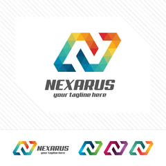 Colorful letter N logo design vector for technology. Digital logo pixel concept with pixel shades gradient color.