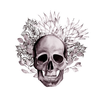 Watercolor gothic pattern. Hand drawn skull with protea and paisley for tattoo, print, textile