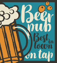 vector banner for pub with glass of beer on tap in retro style