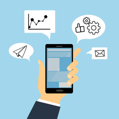 icons of business in bubbles around hand with phone