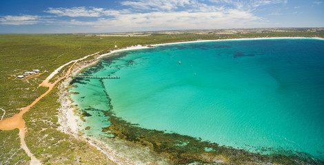 Aerial panorama of Vivonne Bay and pier in Summer. Kangaroo Island, South Australia