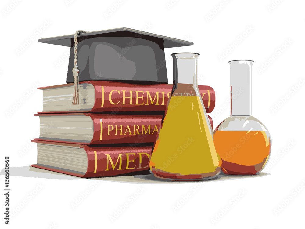 Poster stack of textbooks and flasks. image with clipping path