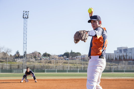 Pitcher ready to throw the ball during a baseball game