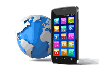 Touchscreen smartphone and globe. Image with clipping path.