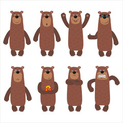 Fototapeta premium Set funny brown bear in different poses. Collection isolated cartoon bear on white background.