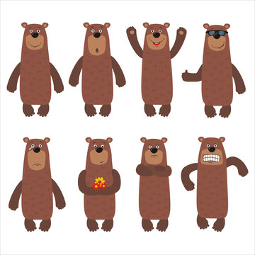 Set funny brown bear in different poses. Collection isolated cartoon bear on white background.