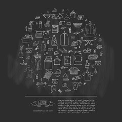 Hand drawn doodle Laundry set Vector illustration washing icons Laundry concept elements Cleaning business symbols collection Housework Equipment and facilities for washing, drying and ironing clothes