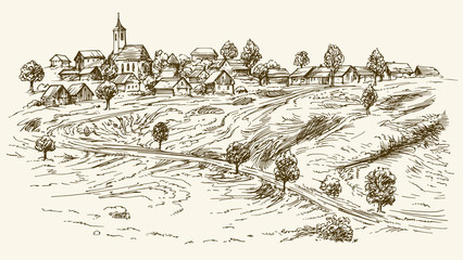 Rural village, hand drawn illustration.