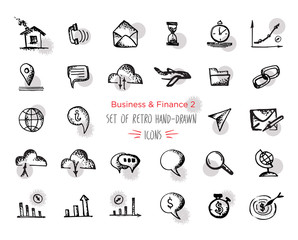 Hand-drawn sketch finance web icon set - economy, money, payments.With emphasis in round spots form. Isolated black on white background