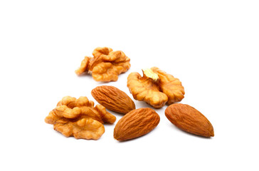Almond and walnut isolated on white background