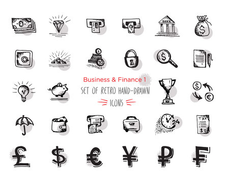 Hand-drawn sketch finance web icon set - economy, money, payments.With emphasis in round spots form. Isolated black on white background