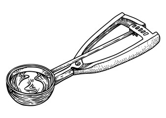 Ice cream scoop spoon illustration, drawing, engraving, line art
