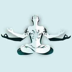 Paper cut out man in yoga position. Vector illustration.
