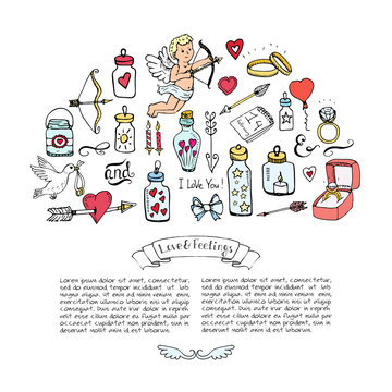 Hand drawn doodle Love and Feelings collection Vector illustration Sketchy Love icons Big set of icons for Valentine's day, Mothers day, wedding, love and romantic events Hearts hands cupid bouquet
