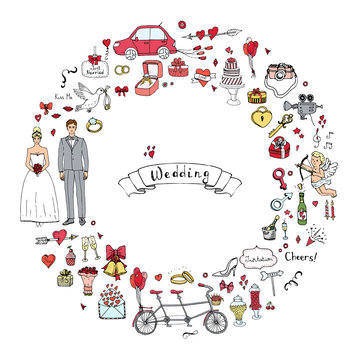 Hand drawn doodle Wedding day collection Vector illustration Sketchy Marriage icons Big set of icons for Engagement, get married, love and romantic event Bride Groom Heart Cupid Ring Dove Car Tricycle