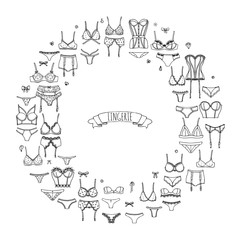 Hand drawn doodle Lingerie icon set. Fashion feminine vector illustration. Sexy lacy woman underwear symbol collection. Cartoon various sketch elements: bra, panties, corset, brassiere, string, bikini