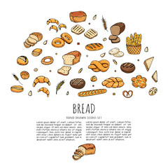 Hand drawn doodle set of cartoon food: rye, ciabatta, whole grain bread, bagel, sliced, french baguette, croissant, sweet, salty etc Bread set Vector illustration Sketchy bakery elements collection 