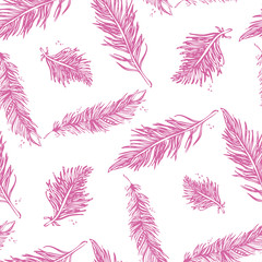 Seamless Pattern with Feathers pinkish purple on a white backgro