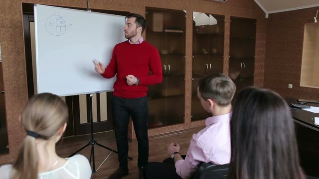 Business conference presentation with team training flipchart office.