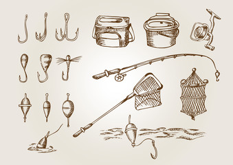 Fishing rod and equipment. Outline
