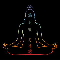 Chakra Meditation Yoga Woman Contour On Black Background