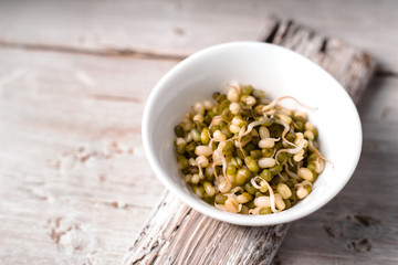 Germinated beans in ceramic bowl on the wooden stand
