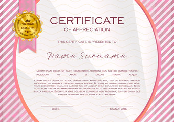 Qualification Certificate of appreciation, female design. Elegant luxury and modern pattern, best quality award template with white and golden tapes, shapes, badge. Vector illustration