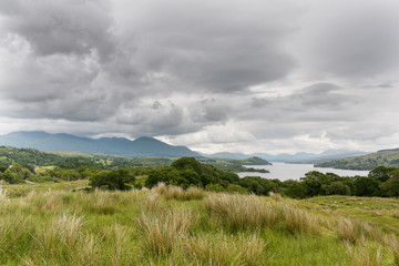 View over green grass and Scottish Loch