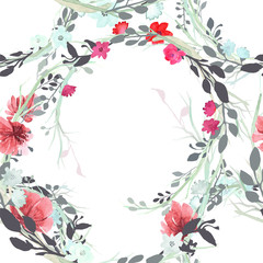 Set of flowers, leaves and branches, painted in watercolor, isolated on white. Sketched wreath, floral and herbs garland. Seamless pattern.